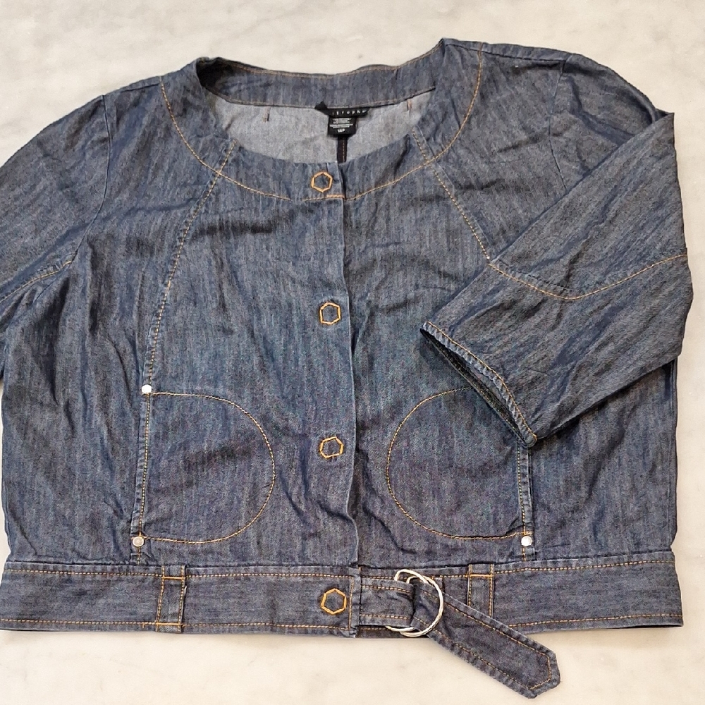 Apostrophe Blue Denim Cropped Jacket Snap Belted 3/4 Sleeves‎ Lightweight Sz 14P
